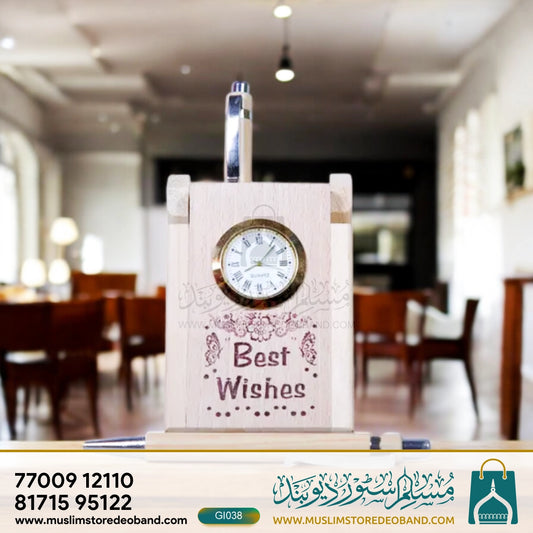 Wooden Desk Organizer with Clock & Pen Set