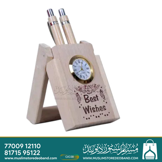 Wooden Desk Organizer with Clock & Pen Set