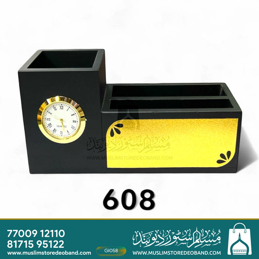Wooden Pen Stand with Clock